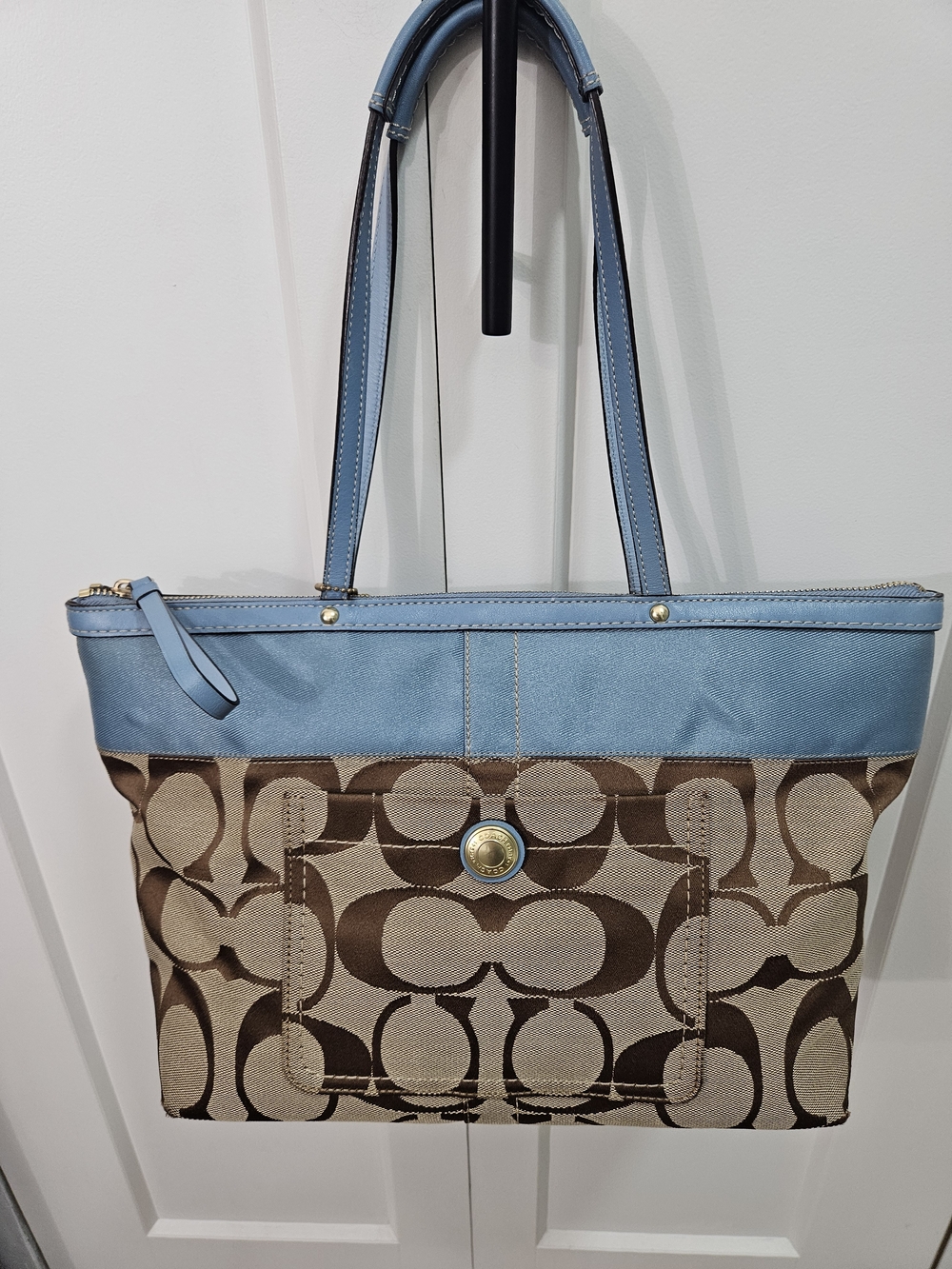 Y2K Coach Signature Canvas Tote with Light Blue Leather Trim